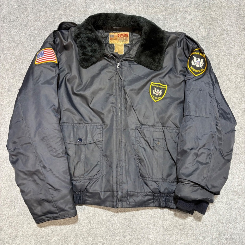 National Patrol American Security Programs Bomber Jacket Faux Fur Collar Black